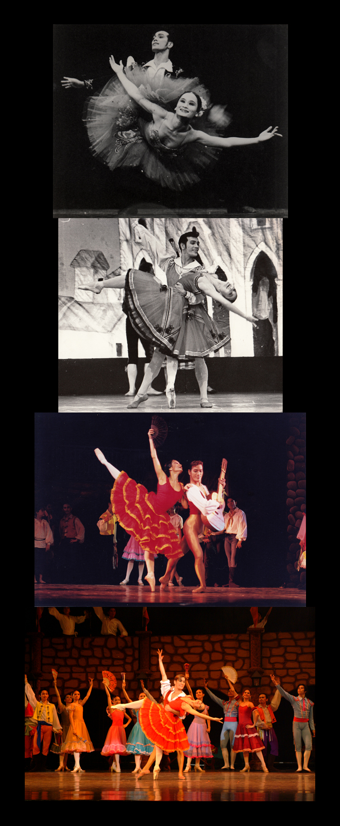 Dancing the same roles repeatedly allows the dancers to grow with the role and mature in their art. Osias Barroso and Lisa Macuja danced in Don Quixote many times, among them in (from top) in 1995, 1997, 1999 and 2004