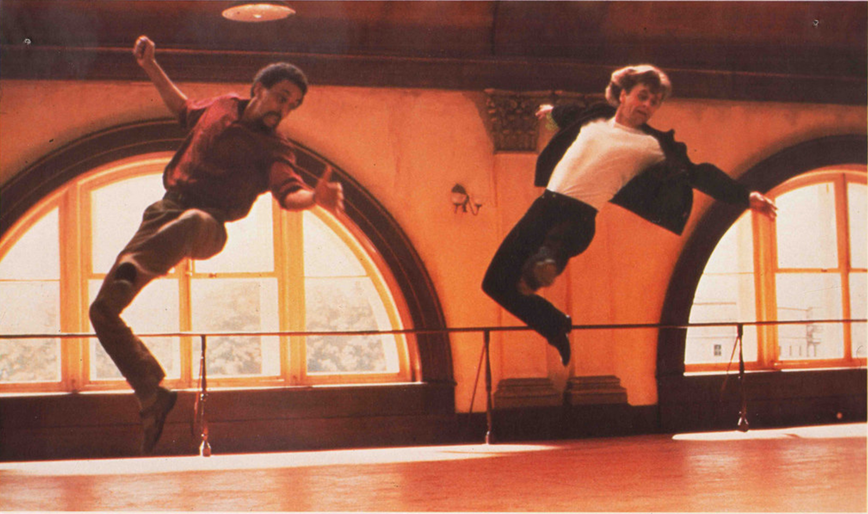 Two dance legends in one movie – Mikhail Baryshnikov and Gregory Hines shared the stage in White Nights while a third legend, Twyla Tharp, choreographed the dance sequences. White Nights publicity photo from Columbia Pictures