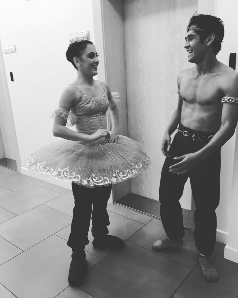 With the ordeal of the past days over, Katherine Barkman and partner Rudy De Dios share a hearty laugh after dancing Le Corsaire at the Ballet Stars in Jurmala Gala