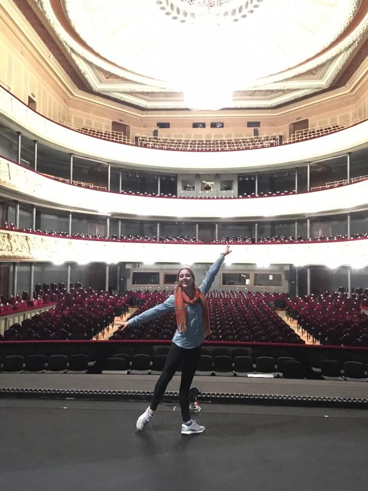 Katherine poses on the stage of the Latvian National Opera and Ballet. “Mikhail Baryshnikov is currently performing here every night!” she writes in her Facebook post.